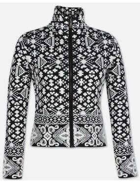 Icelandic Full Zip Mock Neck Black/White Jacquard Ski Sweater Size Medium